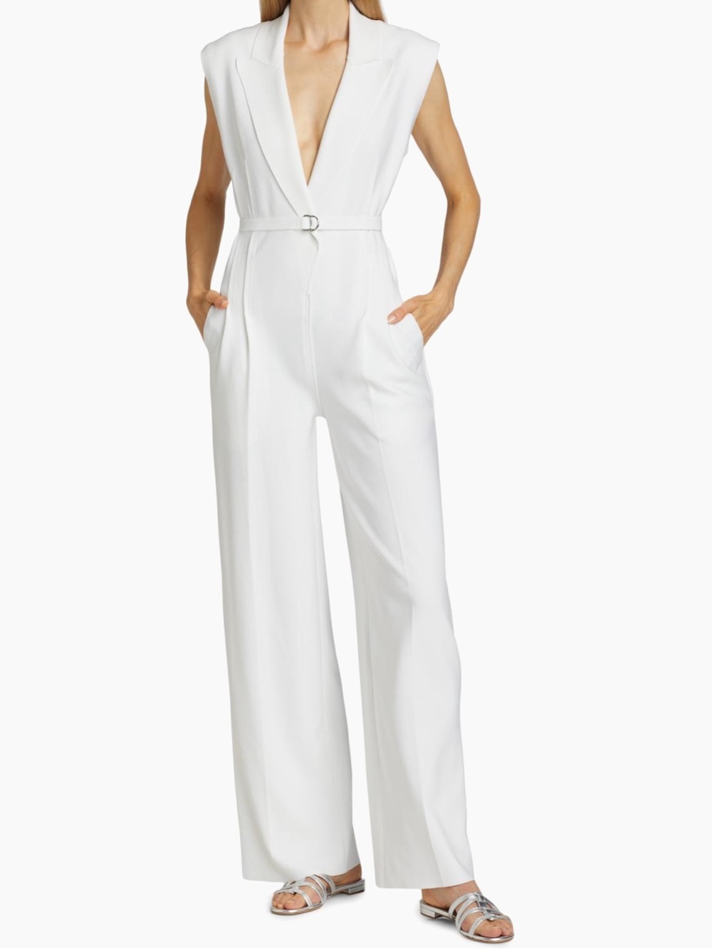 Norma Kamali White Sleeveless Deep-V Wide-Leg Jumpsuit